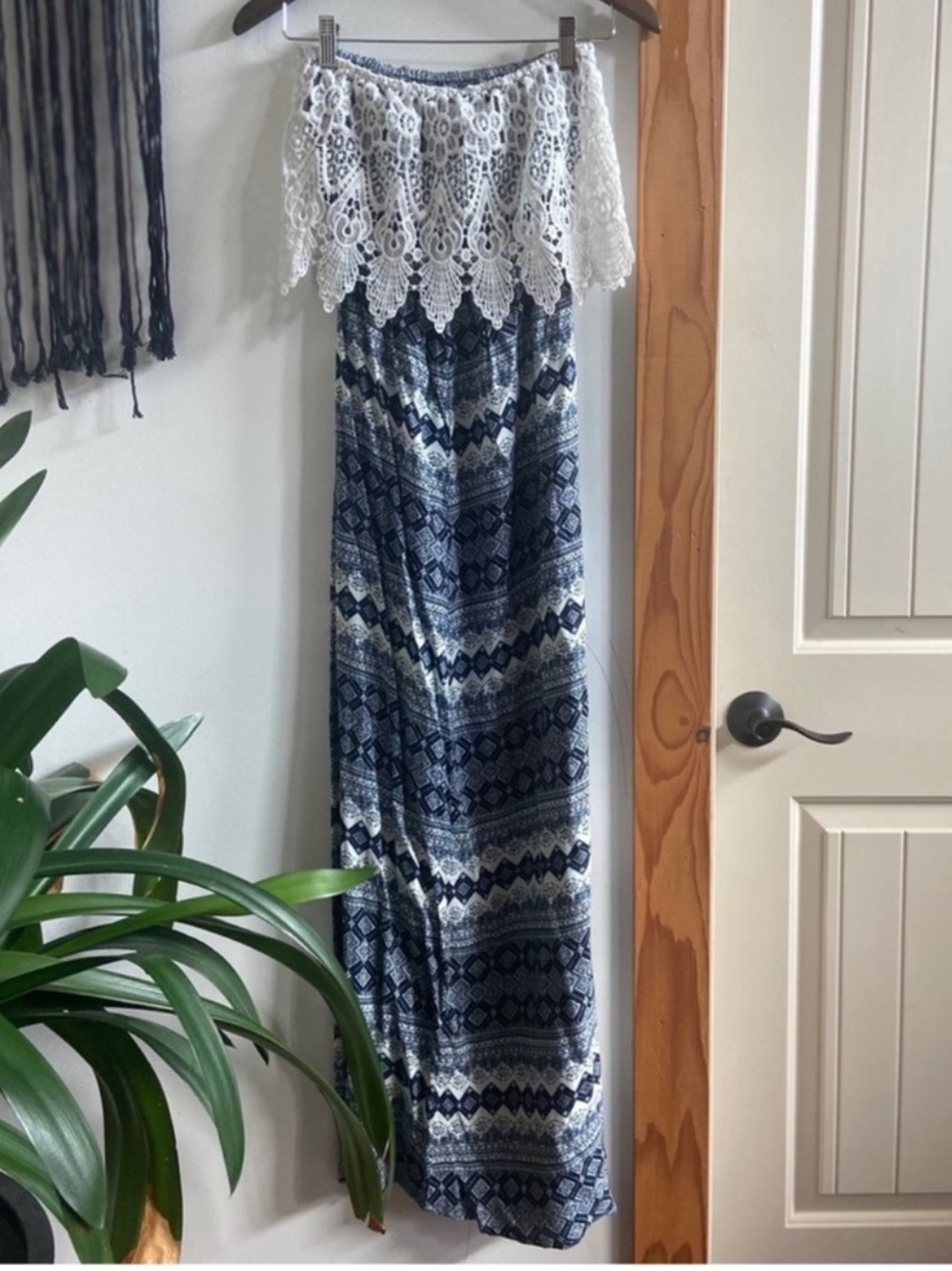 Streetwear Society, blue & white strapless maxi dress